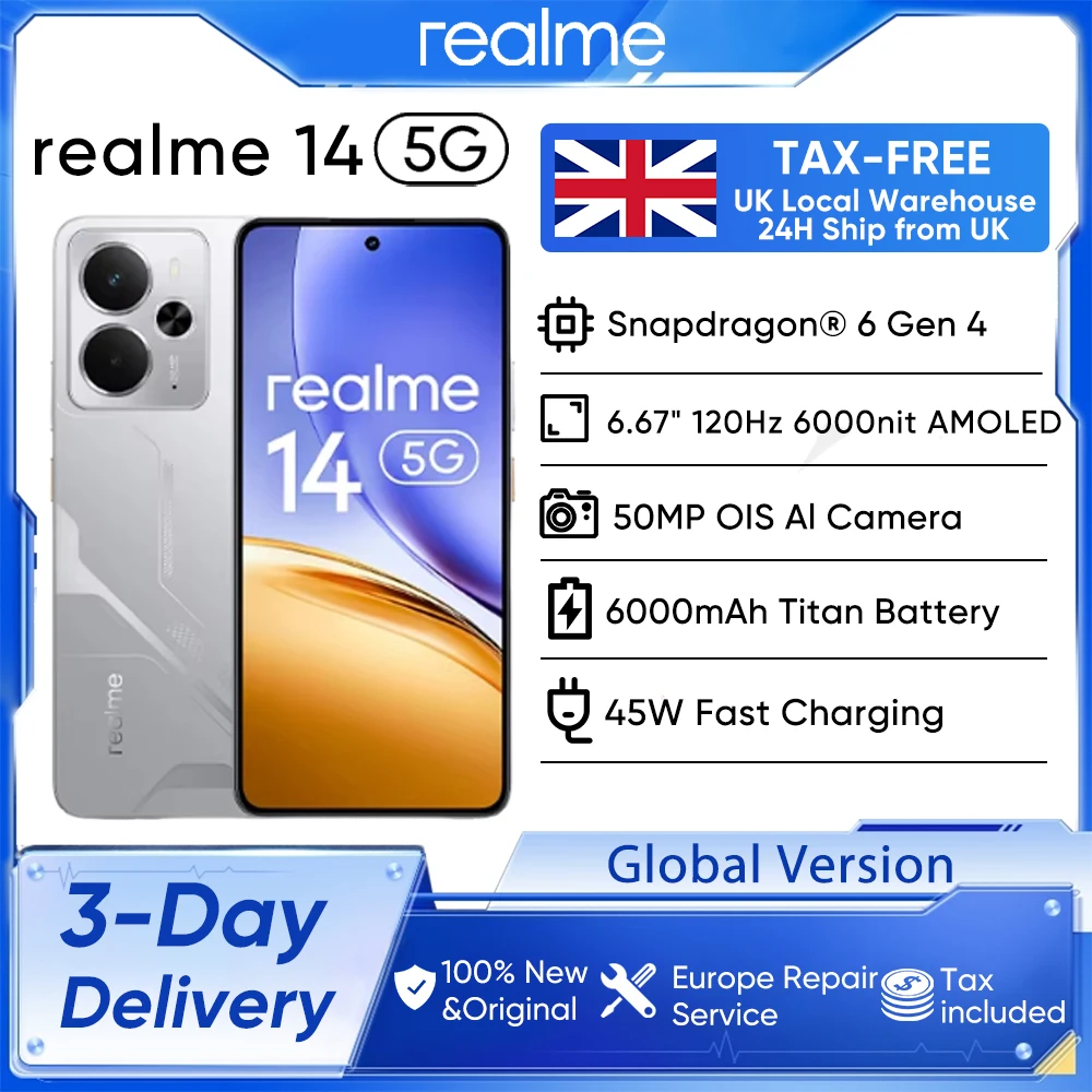 الإصدار العالمي للهاتف الذكي Realme 14 5G Snapdragon 6 Gen 4 شرائح 6.67 بوصة 120 هرتز AMOLED عرض 45 وات 6000 مللي أمبير بطارية أندرويد 15 #1