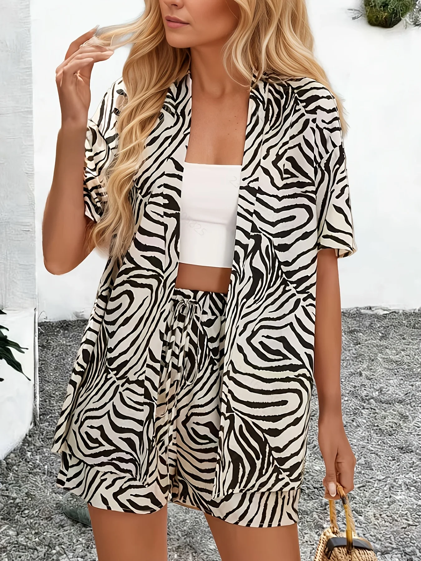 Zebra Print Pattern Casual Two-Piece Set Short-Sleeved Cardigan Top Drawstring Shorts Casual Summer Suit