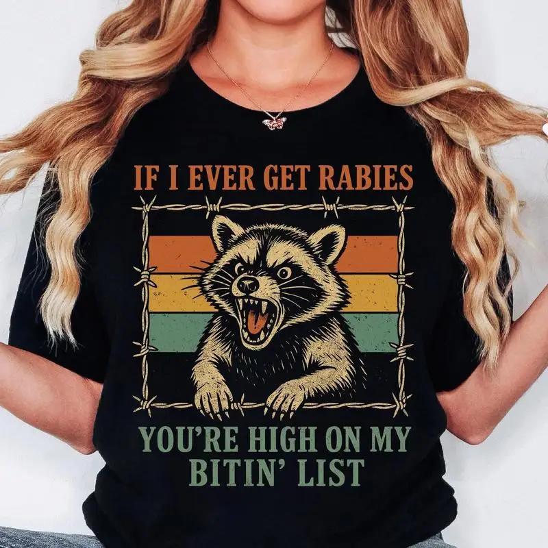 

Vintage Raccoon Barbed Wire T-Shirt Men's Women's Rabies Biting List Funny Graphic Tee Harajuku Streetwear Unisex Tops