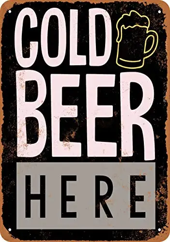 Metal Sign - Cold Beer Here (Black Background) - Vintage Look