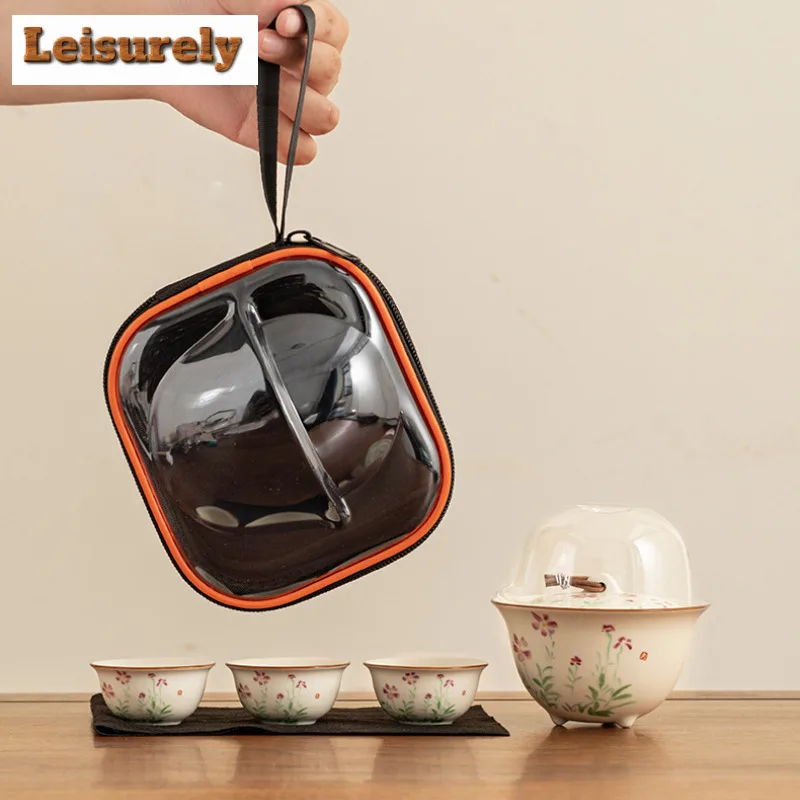 

Off-white Hand Painted Flowers Travel Tea Set Kit Retro 1 Bowl 3 Cups Tea Maker Organizer Portable Outdoor Stock Bags Ornaments