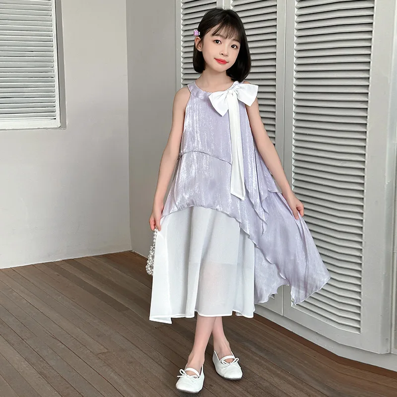 Girls' French Daughter Wind Neck Dress Summer Irregular Splicing Contrasting Color Super Fairy Seaside Vacation Long Skirt