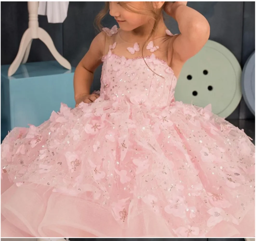 

Flower Girl Dresses Pink Tulle Puffy Sequin With Bow High-low Skirt Sleeveless For Wedding Birthday First Communion Gowns