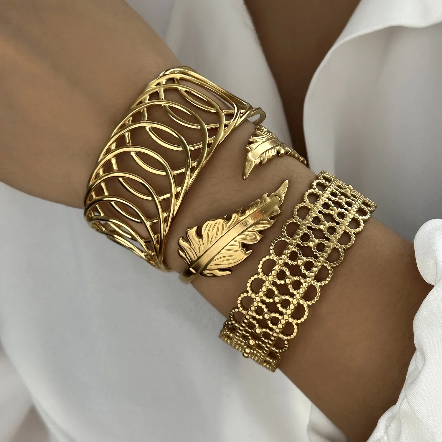 Stainless Steel Multilayer Wave Wide Bangles for Women Gold Color