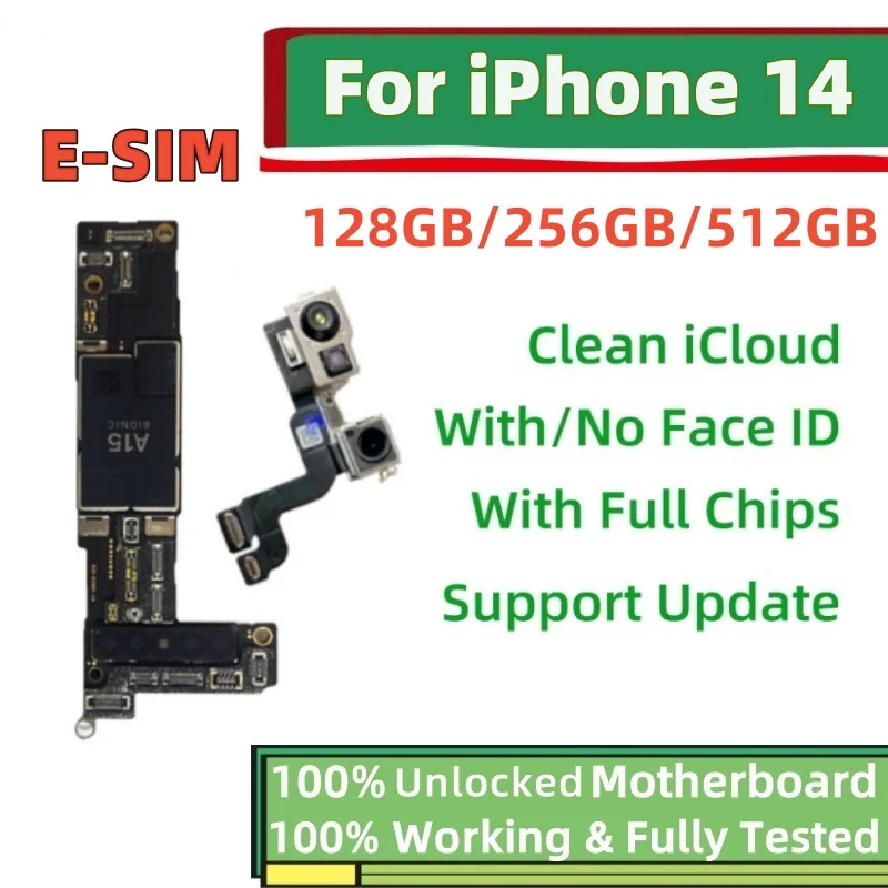 100% Unlocked For iPhone 14 14 Plus Logic board For iphone 14 Plus E-SIM Motherboard No/With Face ID mainboard Clean iCloud