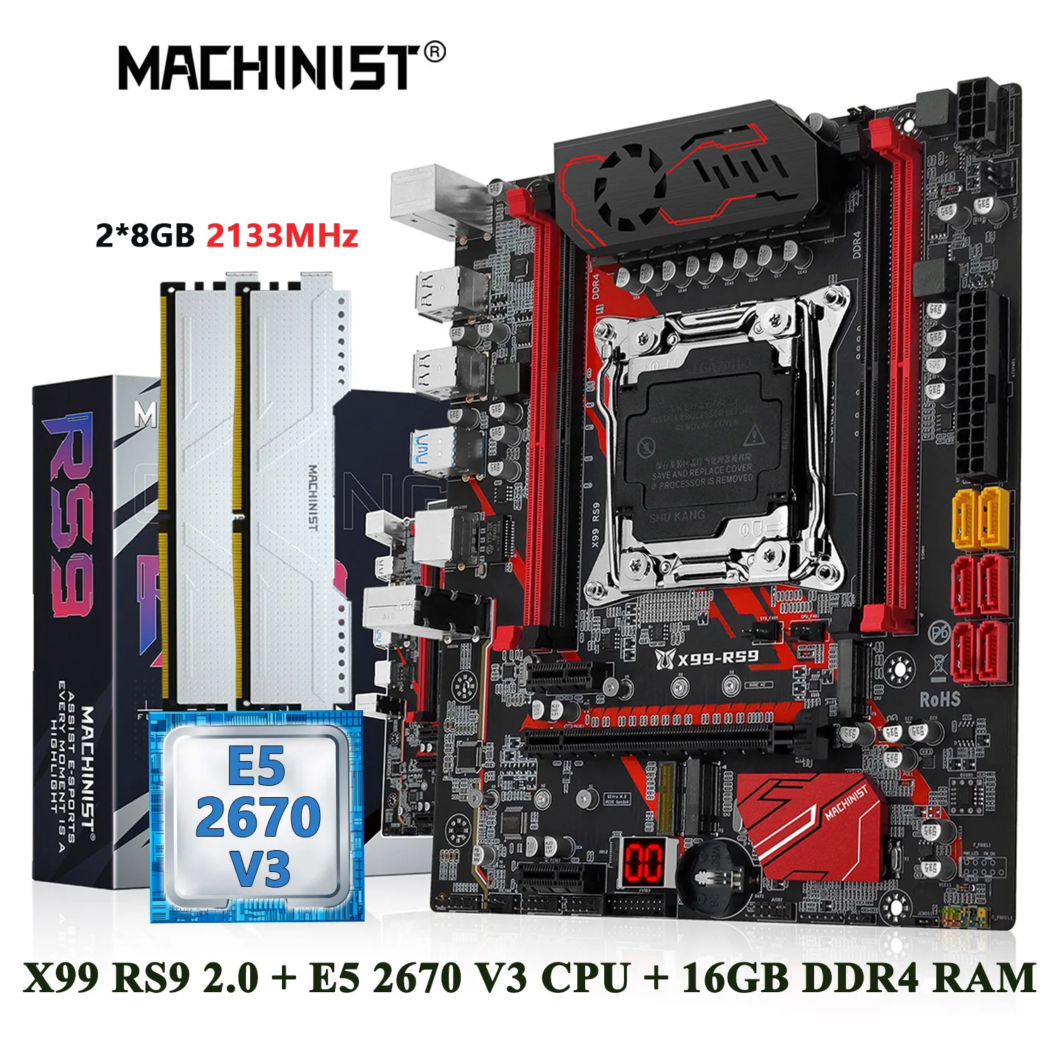 

MACHINIST X99 Kit Motherboard Set LGA 2011-3 Xeon E5 2670 V3 CPU Processor DDR4 2*8GB RAM Memory M-ATX NVME M.2 usb3.0 RS9 2.0