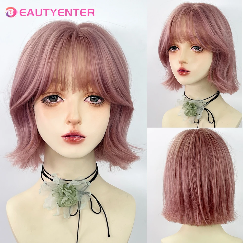 

Short Wavy Pink Synthetic Wigs for Women Pink Cosplay Hair Bob Wigs With Bangs Lolita Party Heat Resistant Natural Fake Hair