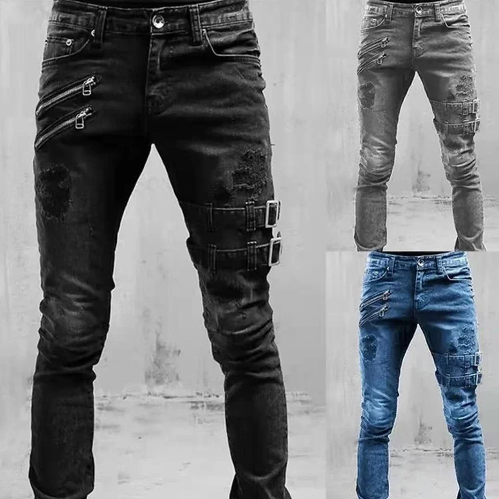 Retro Moto Biker Straight Elastic Jeans Men Zipper Hole Streetwear Punk Skinny Denim Cargo Pants Pantalones Hombre  Y2K Clothing