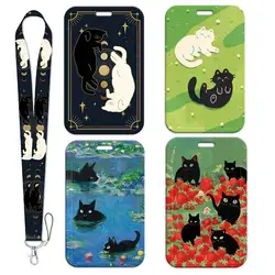 Cute Black Cat Cartoon Animal Credential Holder Lanyards for Keys Neck Strap For Card Badge Gym Keychain Keyring Accessories
