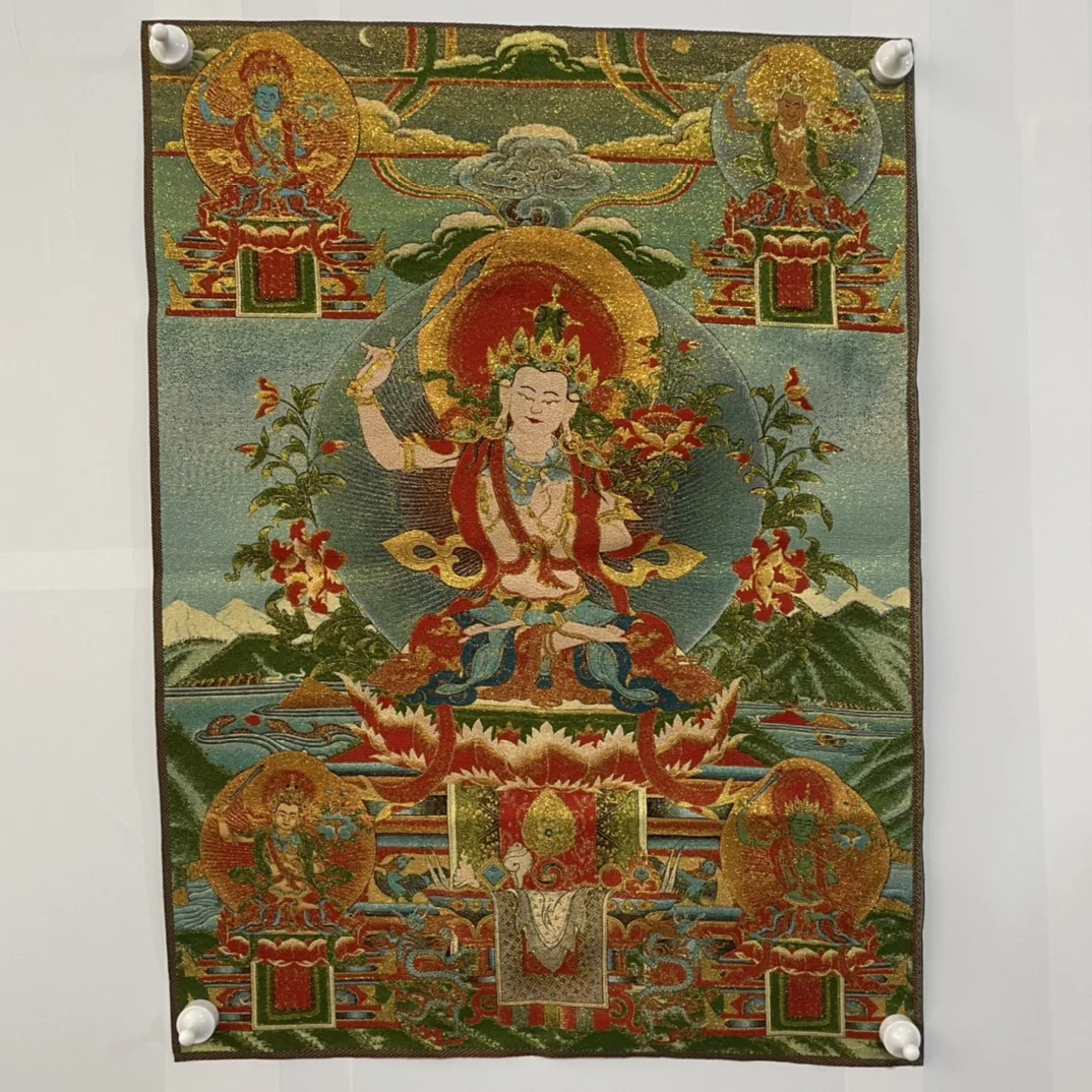 

35"Thangka Embroidery Tibetan Buddhism silk brocade Manjushri Bodhisattva Buddha Thangka hanging screen Worship Hall Town house