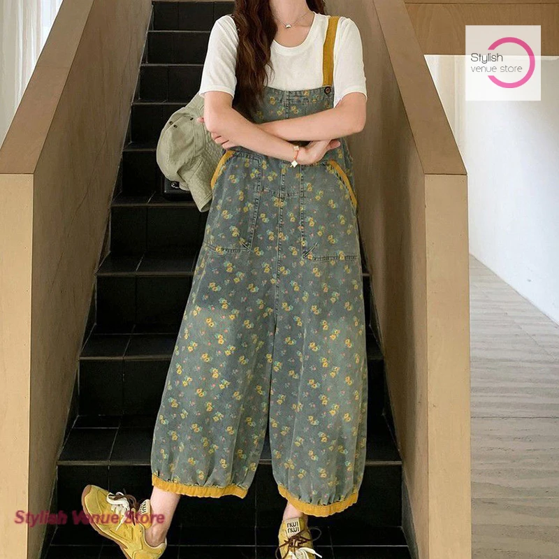 

Korean denim floral bib women's spring and autumn new loose age-reducing slimming plus size Joker sling casual wide-leg pants