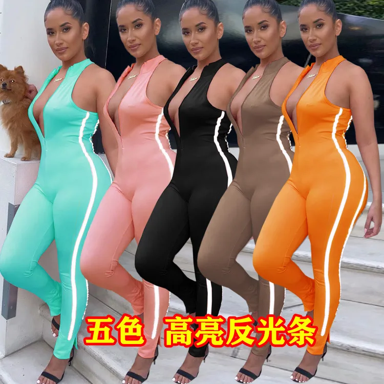 Custom LOGO Women's Elastic Jumpsuit Tight, Bright Reflective Stripe Invisible Zipper Women's Jumpsuit