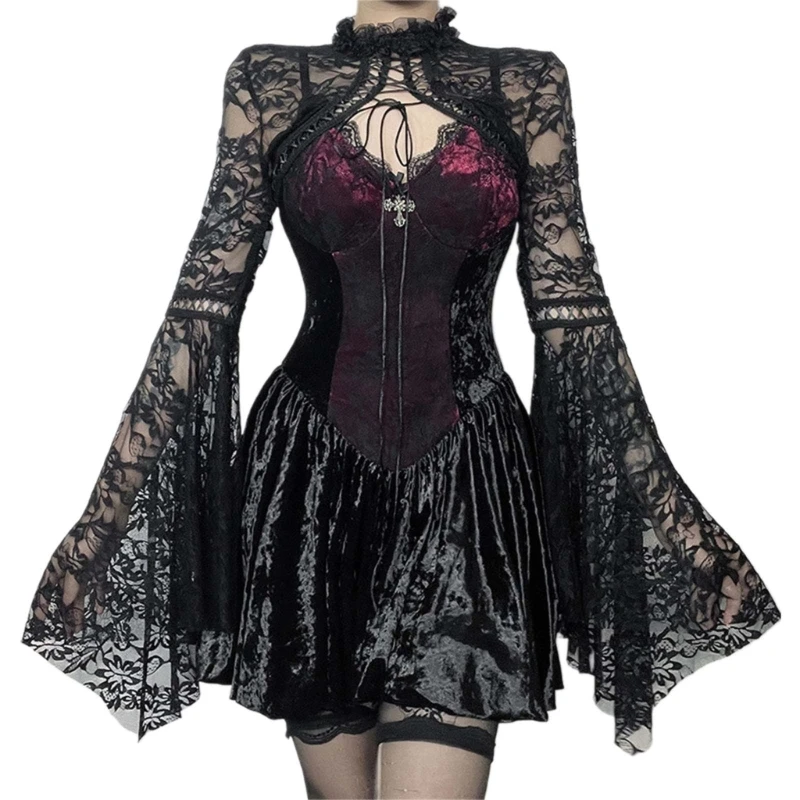 Aesthetic Gothic Crop Top Lace Up Shrug for Women Flared Long Sleeve See Through Flower Lace Ruffled Cover Up Cardigans