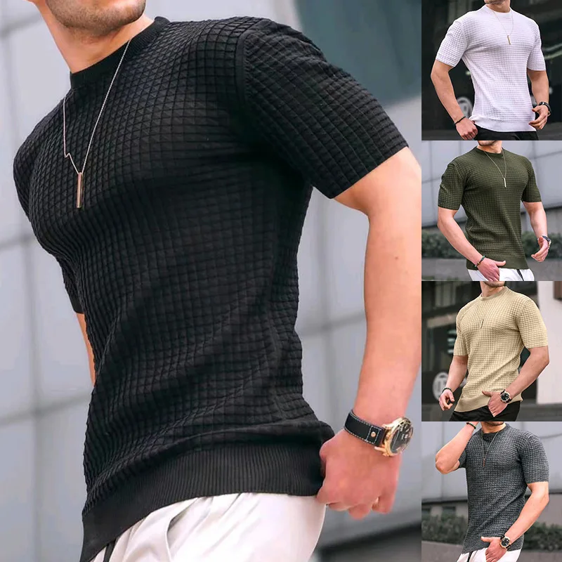 

2024New Independent Station Spring and Summer Men's Small PlaidTT-shirt Crew Neck Casual Trendy Tops