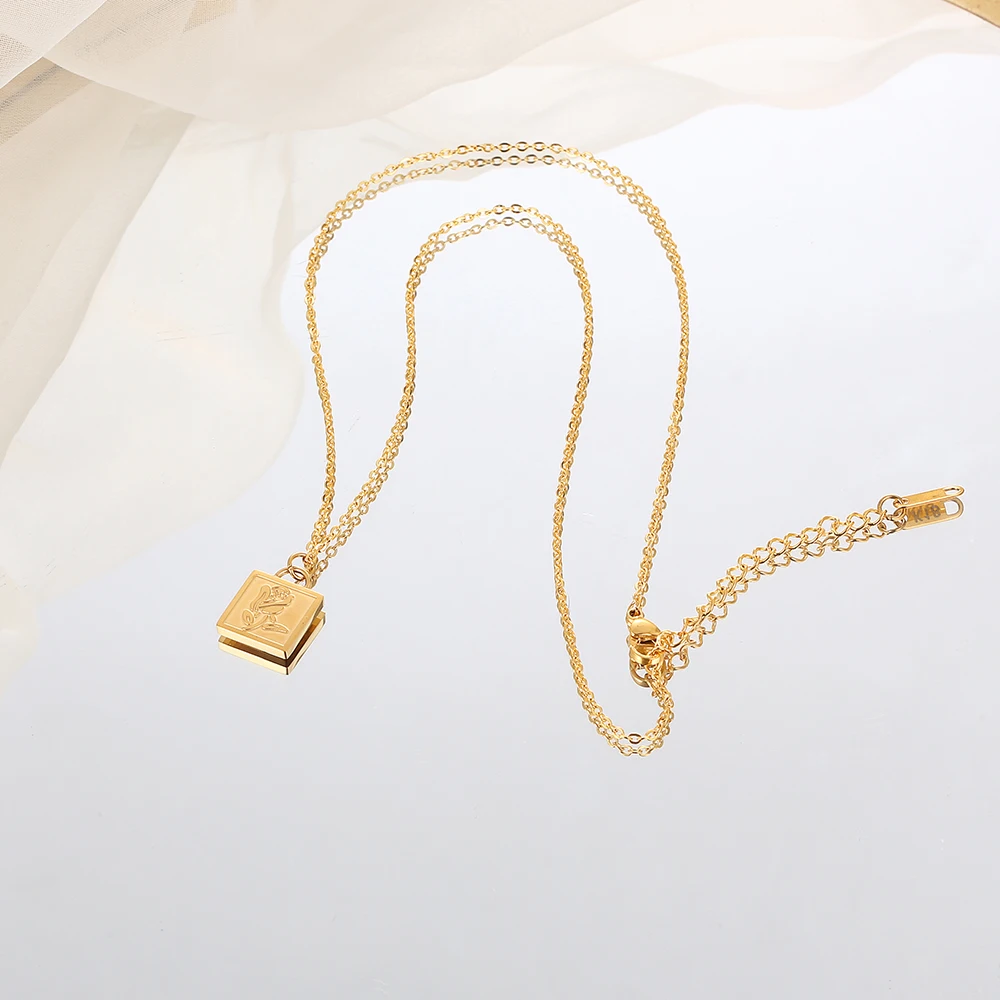 Stainless Steel Rose Flower Block O-Chain Fashion Delicate Pendant Necklace Women Jewelry Gift For Lady