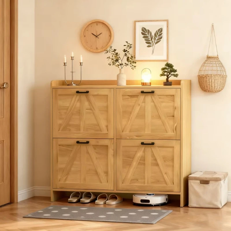 Light oak rustic barn door shoe cabinet with 4 flip drawers, porch storage cabinet, living room locker