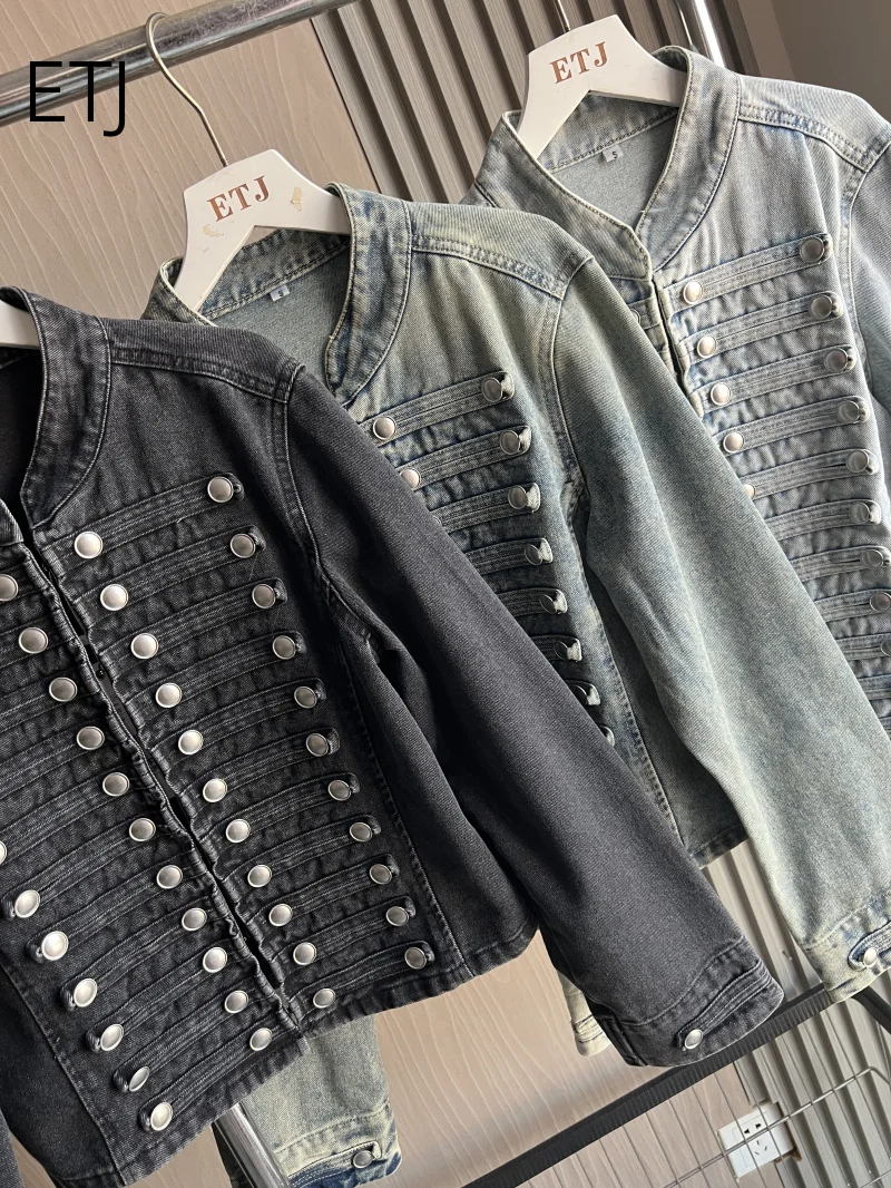 ETJ 2026 Damen Napoleon-Stil Jeansjacke Vintage Militär Doppelreihiger Mantel Silberne Knöpfe Slim Fit Herbst Oberbekleidung – Detail 13