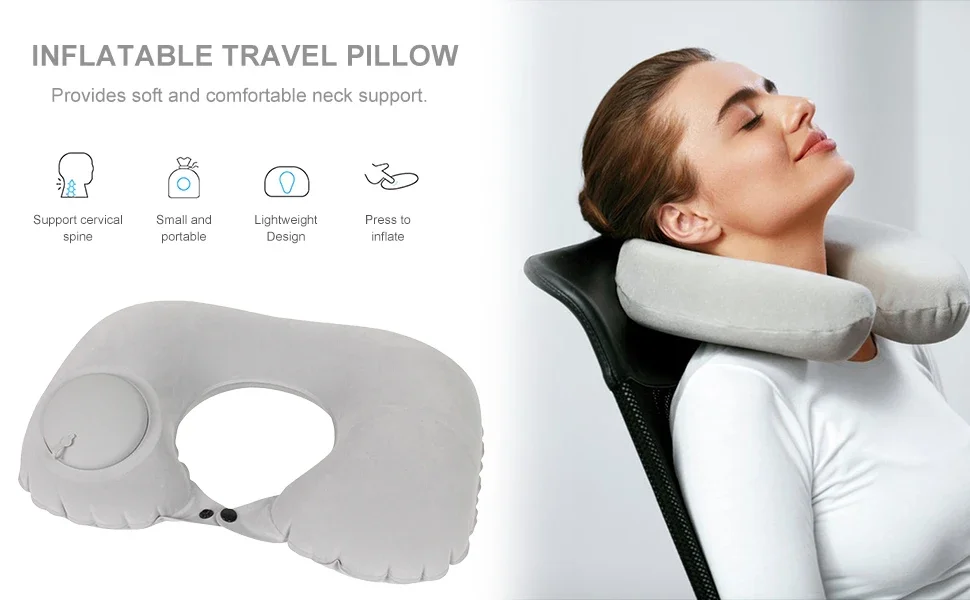 Portable U-shaped Inflatable Pillow Press and Inflate Travel Airplanes Pillow Easy Storage Nap and Neck Protection Pillow