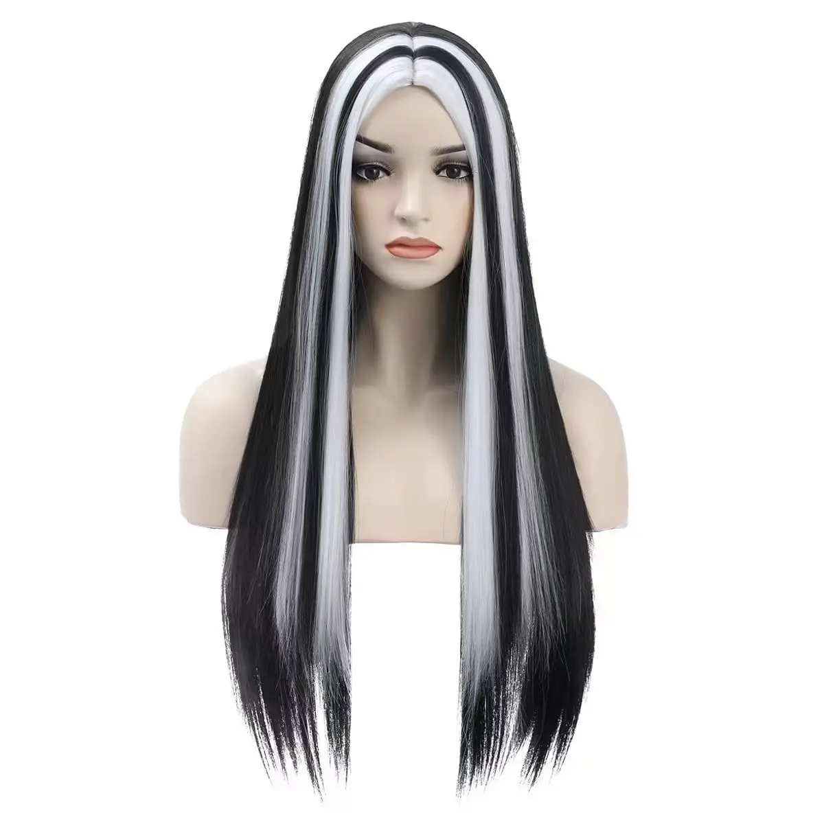 Black and White Contrast Long Straight Wig with Highlights Synthetic Fiber African Woman Cosplay Wig Party and Holiday Headpiece - view 2