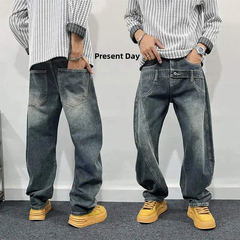 

Loose Fce Lined Wide Leg Jeans Men's Trendy Straight Cut Pants Autumn Winter plus Size 250 Pou American Sle Jeans