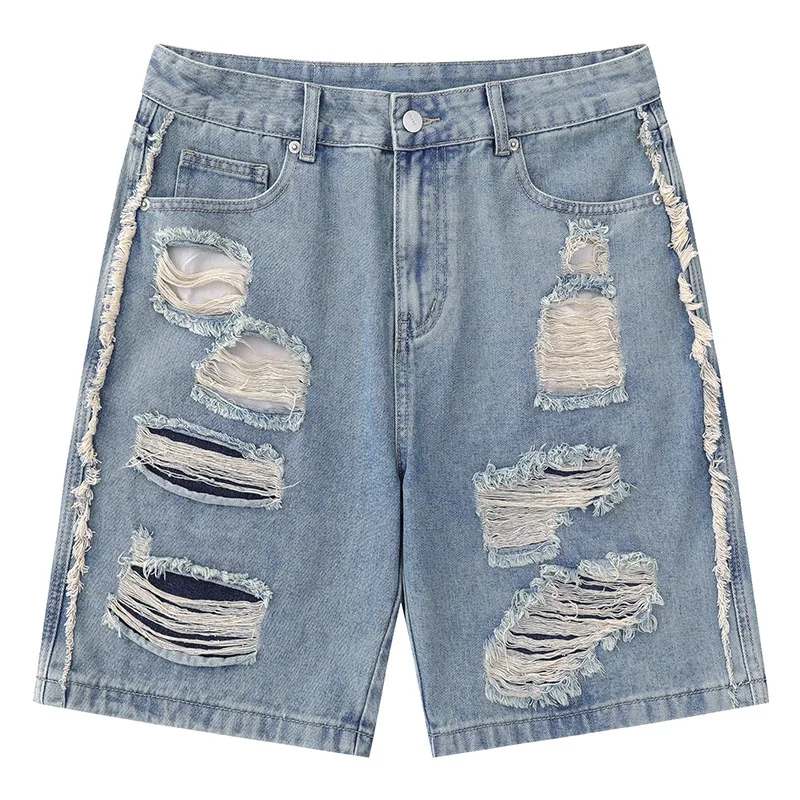 

Men's High Street Destroyed Short Jeans Fashion Streetwear Ripped Denim Shorts With Holes Washed Blue