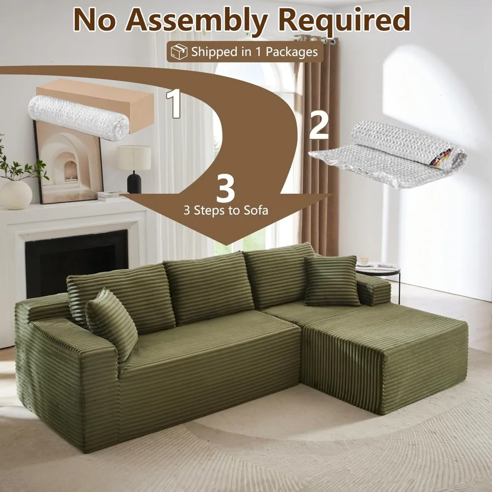 أريكة مقطعية على شكل حرف L من قماش سروال قصير، تصميم بدون عظم مع كرسي يمين، أريكة مريحة على شكل سحابة لغرفة المعيشة