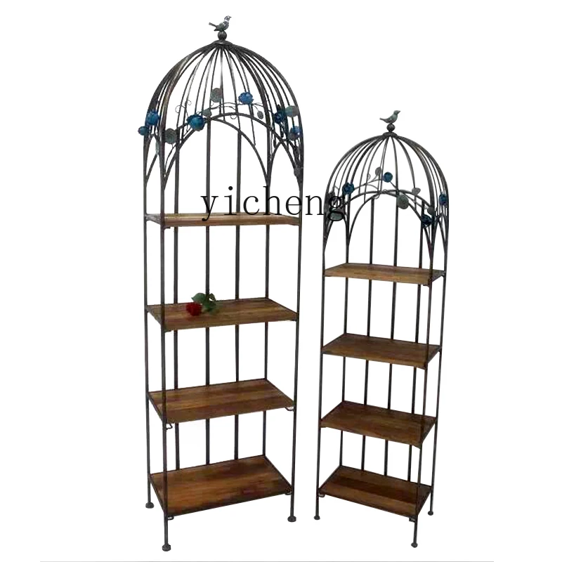 ZC Iron Flower Stand Solid Wood Boards Shelf Bird Flower Stand Store Decorative Birdcage Storage Stand