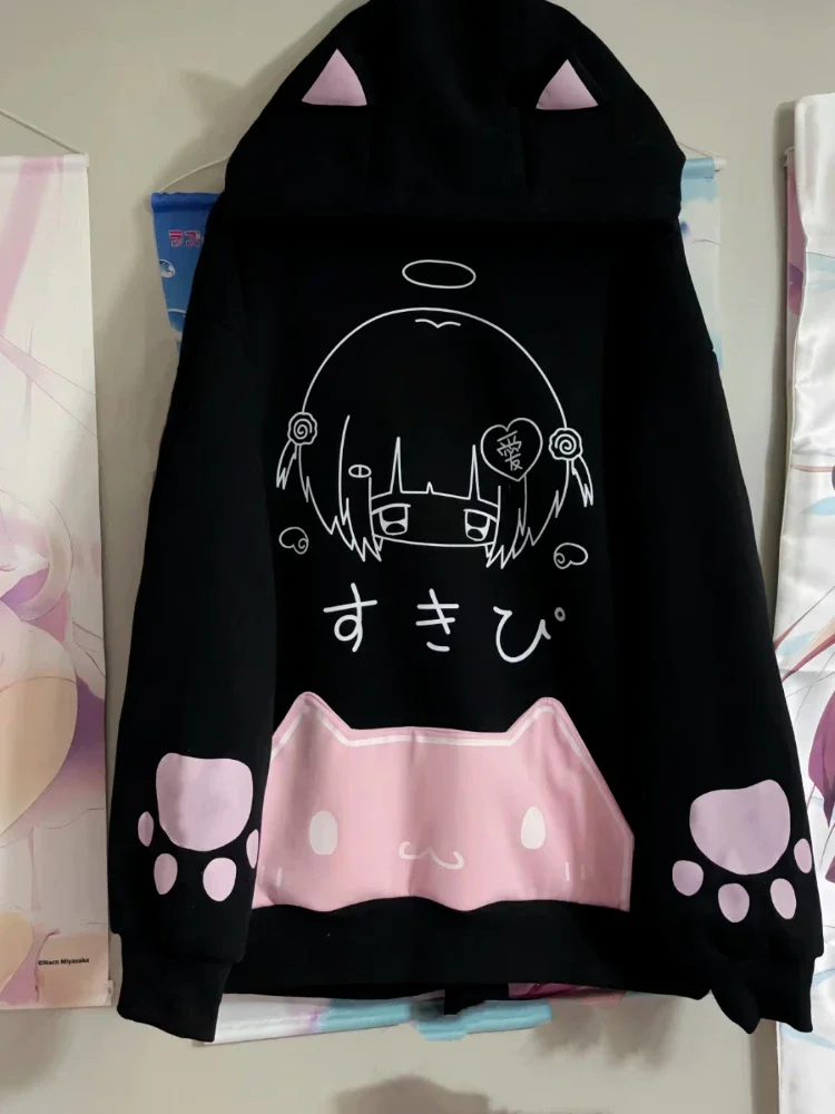

Women Harajuku Gothic Cat Ears Hooded Vintage Hoodies Hoody Japanese Cartoon Print Fleece Y2k Aesthetic Sweatshirt Streetwear