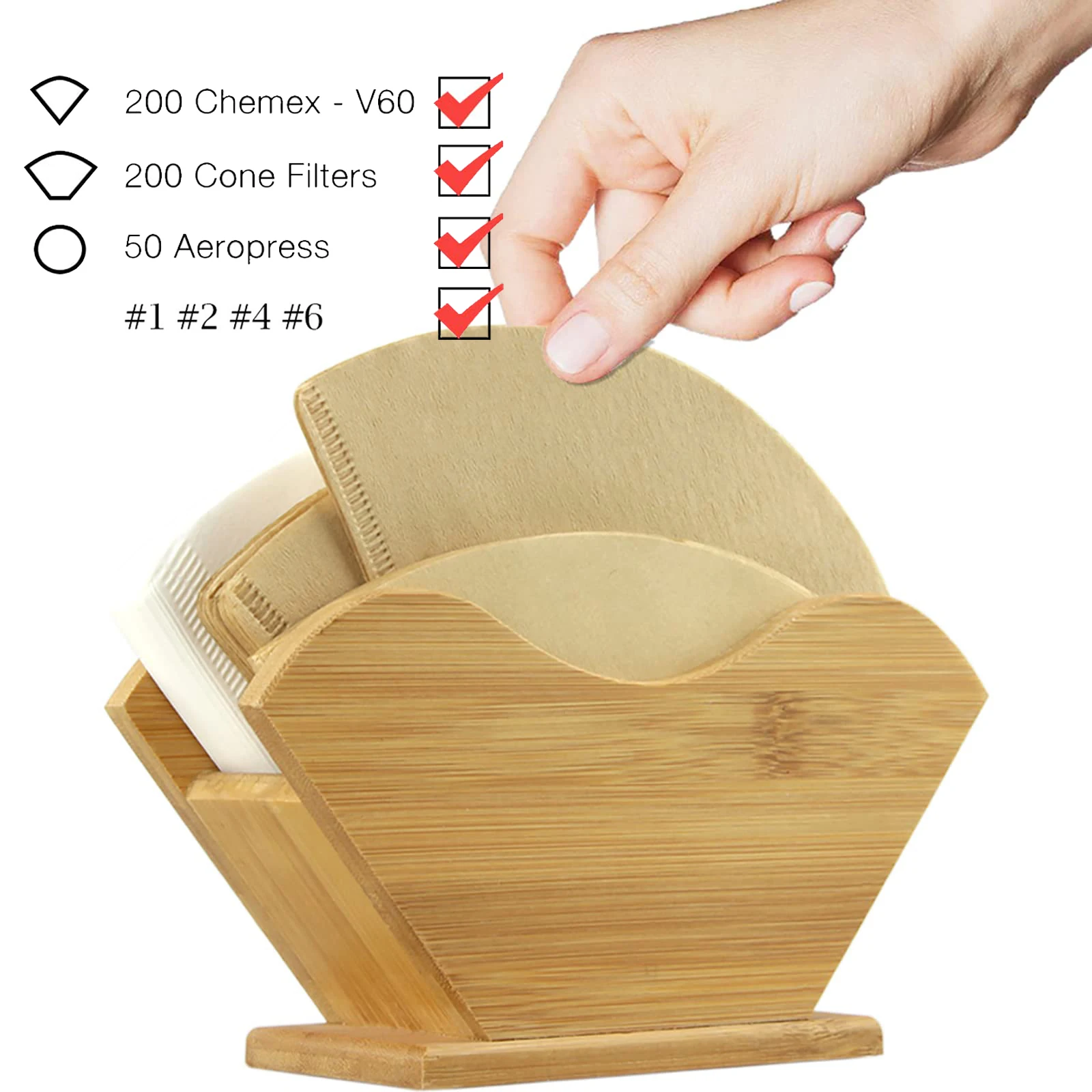 

Bamboo Coffee Filter Holder,Storage Box for V-Shaped Fan Shaped,Square Paper Filters,Espresso Accessories for 100 Pcs Paper