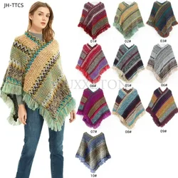 Women Winter Cloak Soft Knitted Stripe Tassel Cardigan Capes Shawl Coat Ponchos Female Ethnic Cape Poncho Cloak Dropship