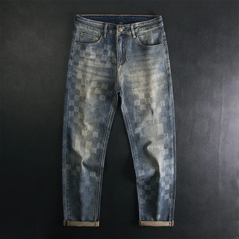 Light luxury trendy jeans men's mosaic checkerboard print loose straight tube American fashion design sense long pants