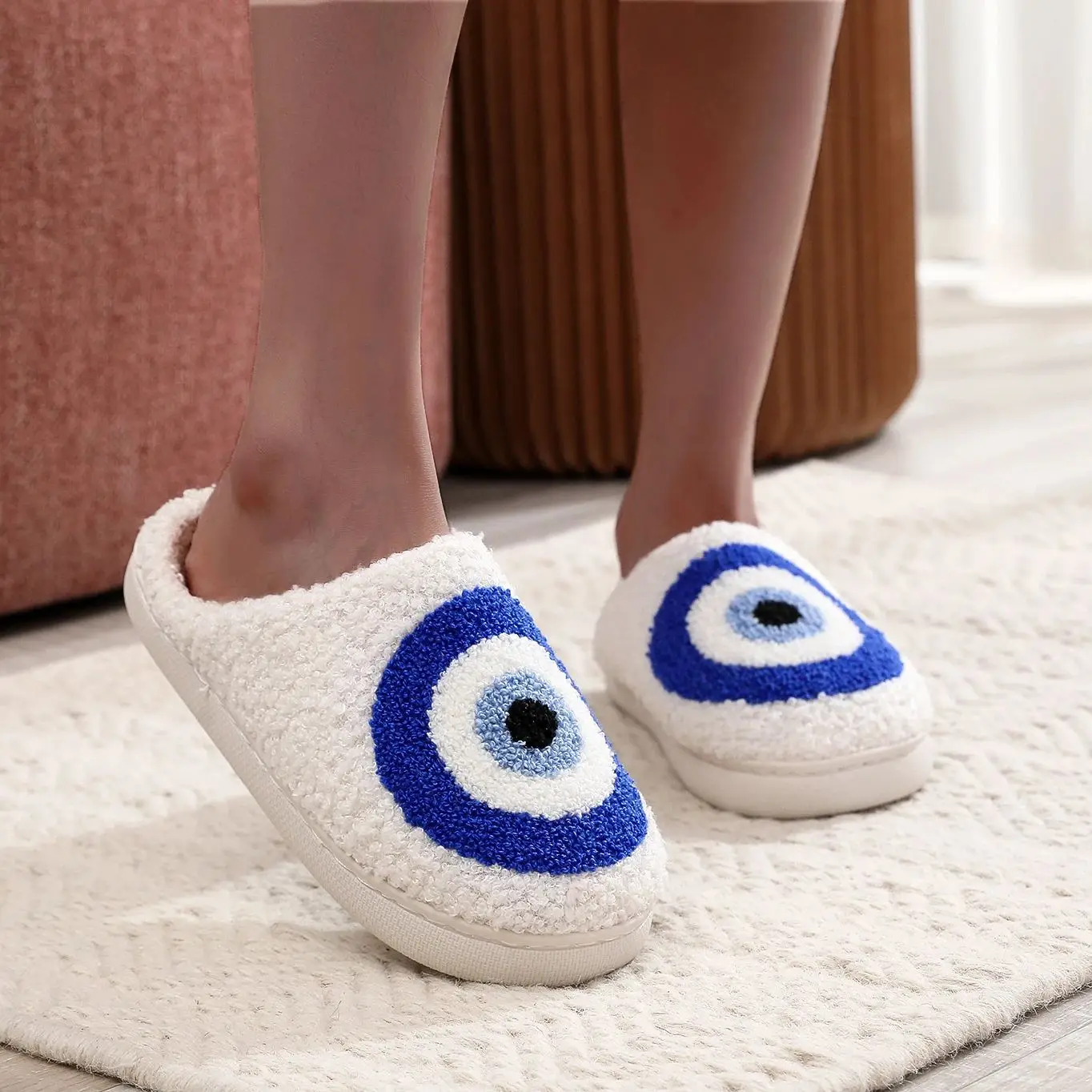 Evil Eyes Pattern Devil\'s Eye Embroidered Home Thick Sole Plaid Furry Cotton Slippers Cute Warm Non-slip Indoor Slippers Gift Preferred