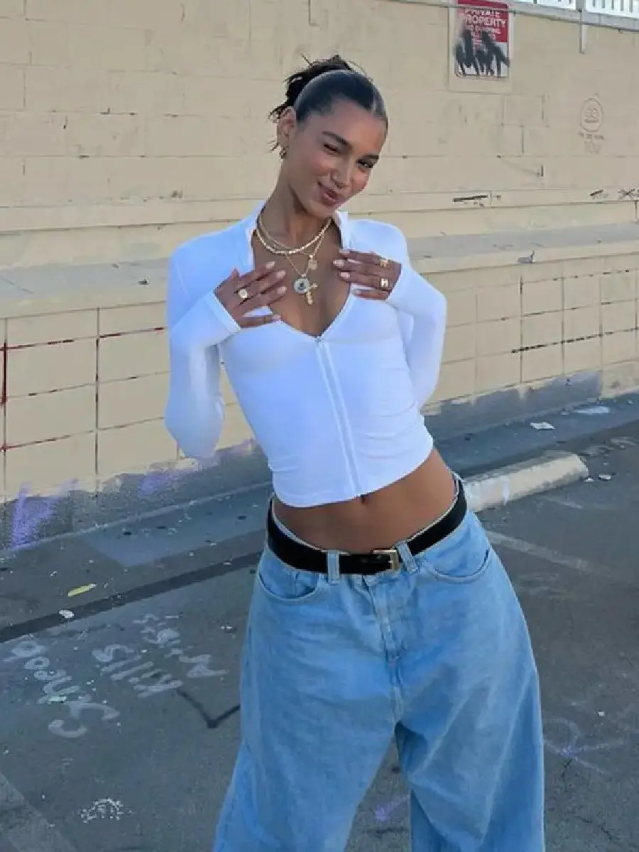 Huhugirl Letnie Seksowne Koszulki Klubowe z Zamkiem Błyskawicznym Damskie Gładkie Bluzki Modne Długie Bezrękawniki z Dekoltem w Serek Streetwear Mini Dopasowane Bluzki Bluzas — zdjęcie 2