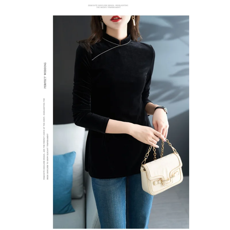 

Осенне-зимний китайский низ для женщин, новинка 2025 года, однотонный однотонный универсальный повседневный золотой бархатный топ с воротником-стойкой