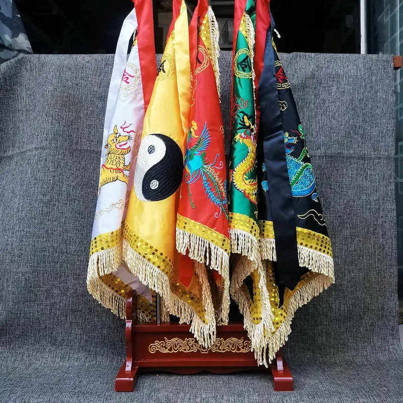 Taoist Dharma altar articles, fine products large size four beasts Tai Chi Flag, telescopic flagpole, five color flag with shelf