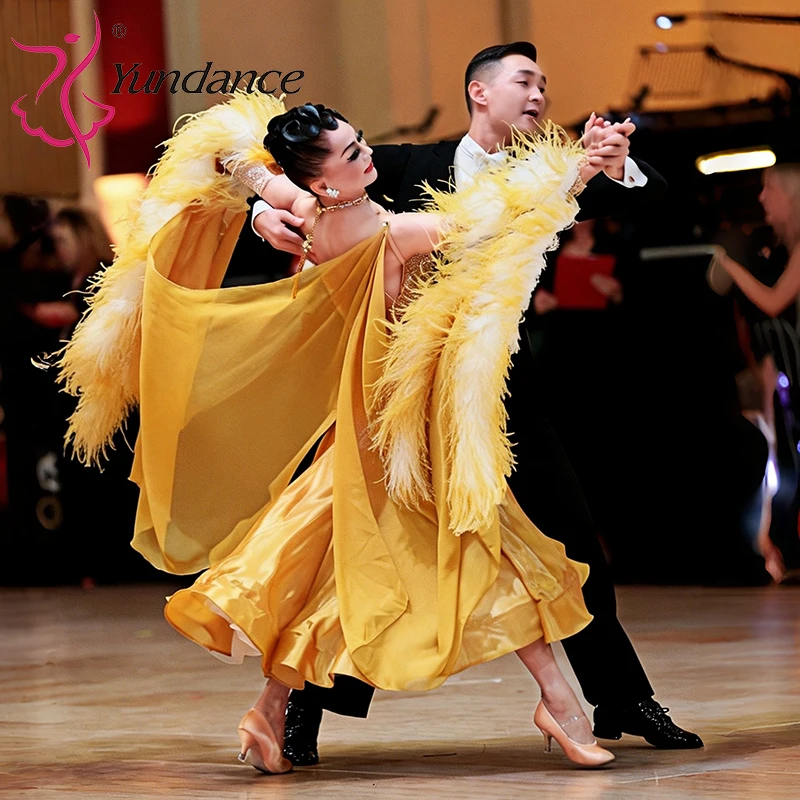 B-26056 Competition International Standard Ballroom Dress for Women Gold Chrisanne Satin Chiffon Ostrich Feathers Dance Wear