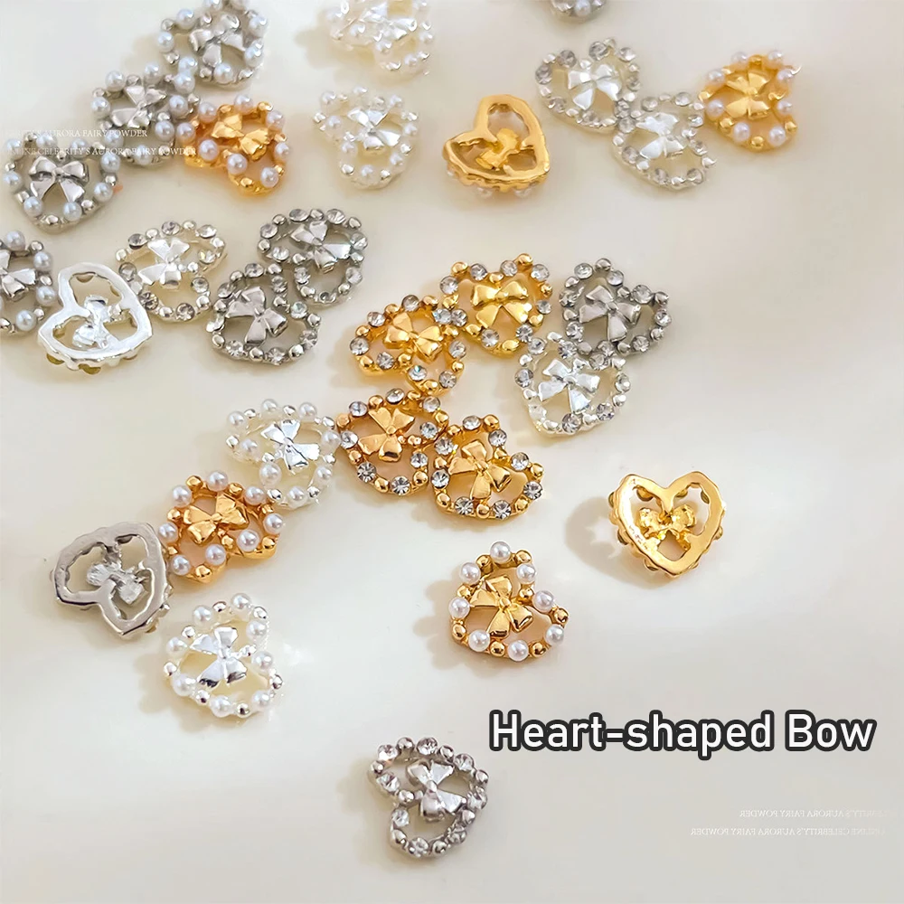 5 個 3D ラブハート型リボン合金ネイルアートチャーム豪華なラインストーンラブハートパールネイルラインストーンバレンタイン DIY