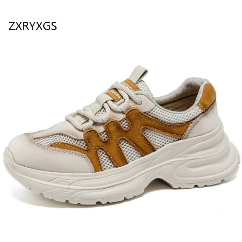 ZXRYXGS Top Layer Cowhide Mesh Splicing Spell Color Women Trendy Sneakers Fashion Breathable Sneaker Thick Sole Trend Shoes 2026