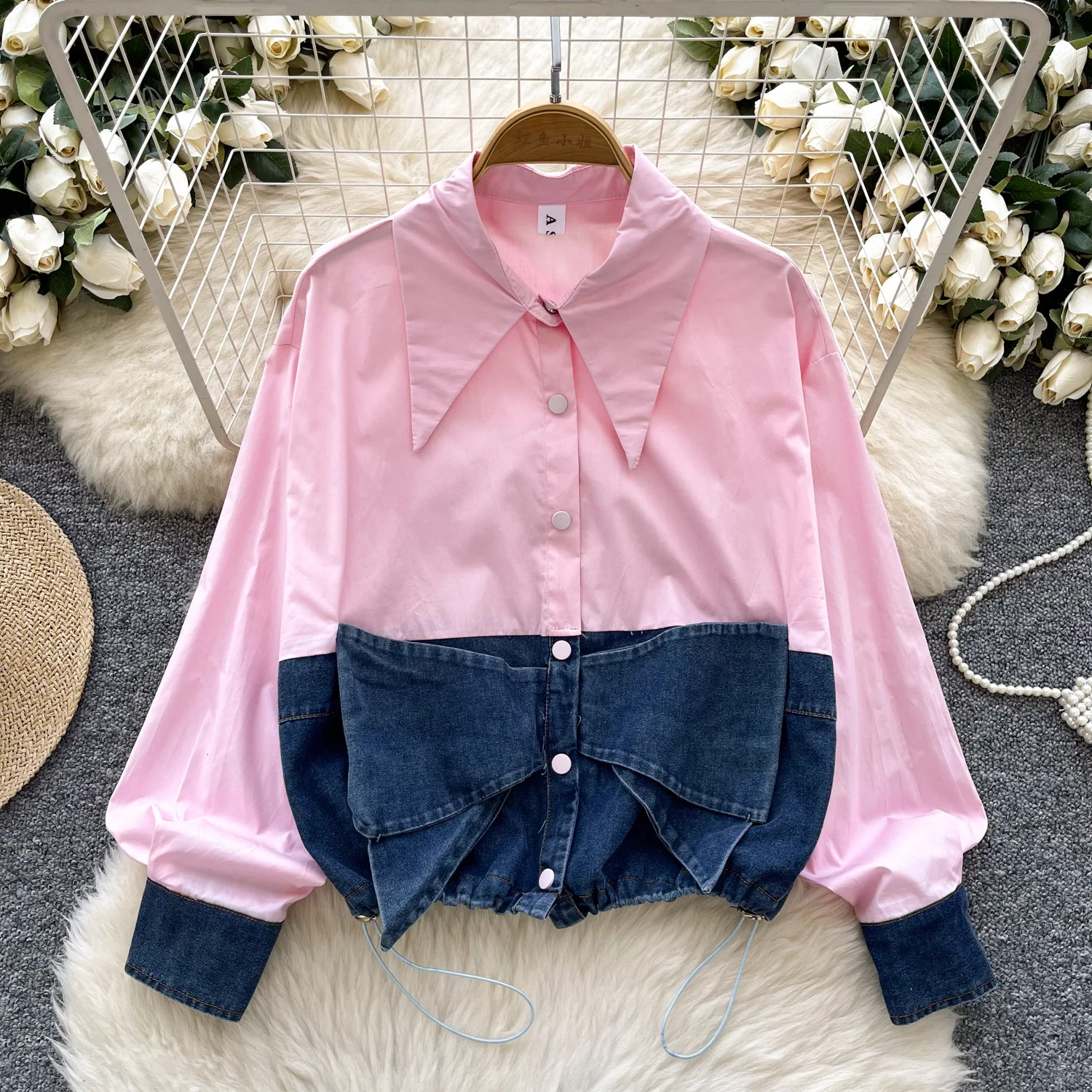 Spring Fashion Korean Style Women's Casual Trendy Turn-down Collar Long Lantern Sleeve Jean Spliced Shirts Female Tops Clothes