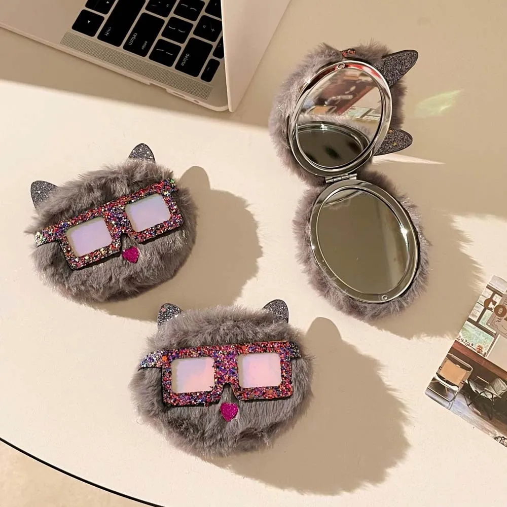 Two-sided Plush Cartoon Cat Mirror 2x Magnifying Compact Cosmetic Mirror Pocket Mirror Folding Cosmetic Tools Vanity Mirror