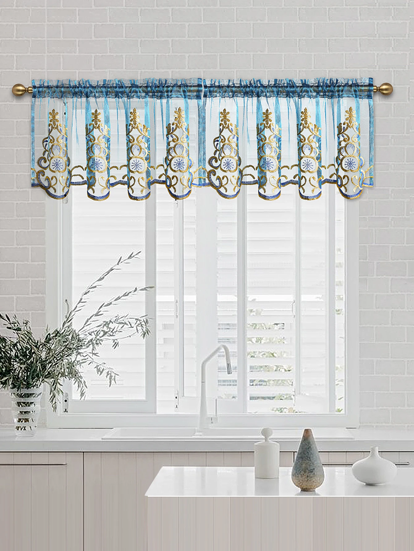 1 PC Embroidery Sheer Valance，Sweet and Cute Style Window and Cabient Short Curtain Decor，Rod Pocket  Half Sheer Kitchen Curtain