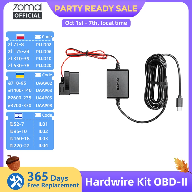 Kit di Alimentazione Regolabile 70mai con Interfaccia OBD II Type-C Plug & Play, Sorveglianza Parcheggio 24H per Dash Cam 70mai