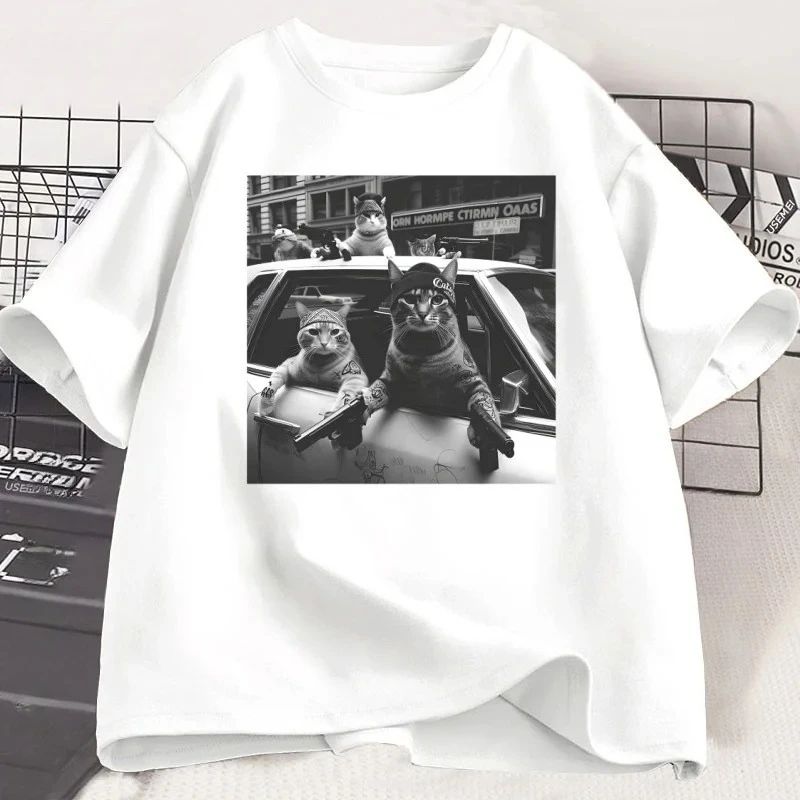 Fun Cat Gang T-Shirt Sarcastic Tshirt Men Women Meme Graphic Tees Round Neck Short Sleeve Vintage Male T-shirts