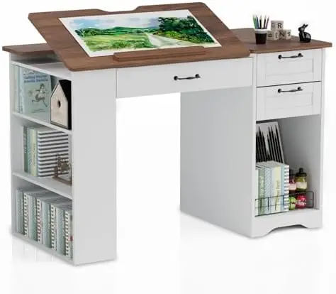 Drafting Table with Storage Cabinet & Drawers, Adjustable Drawing Table with Open Shelves, Craft Art Desk for Artists