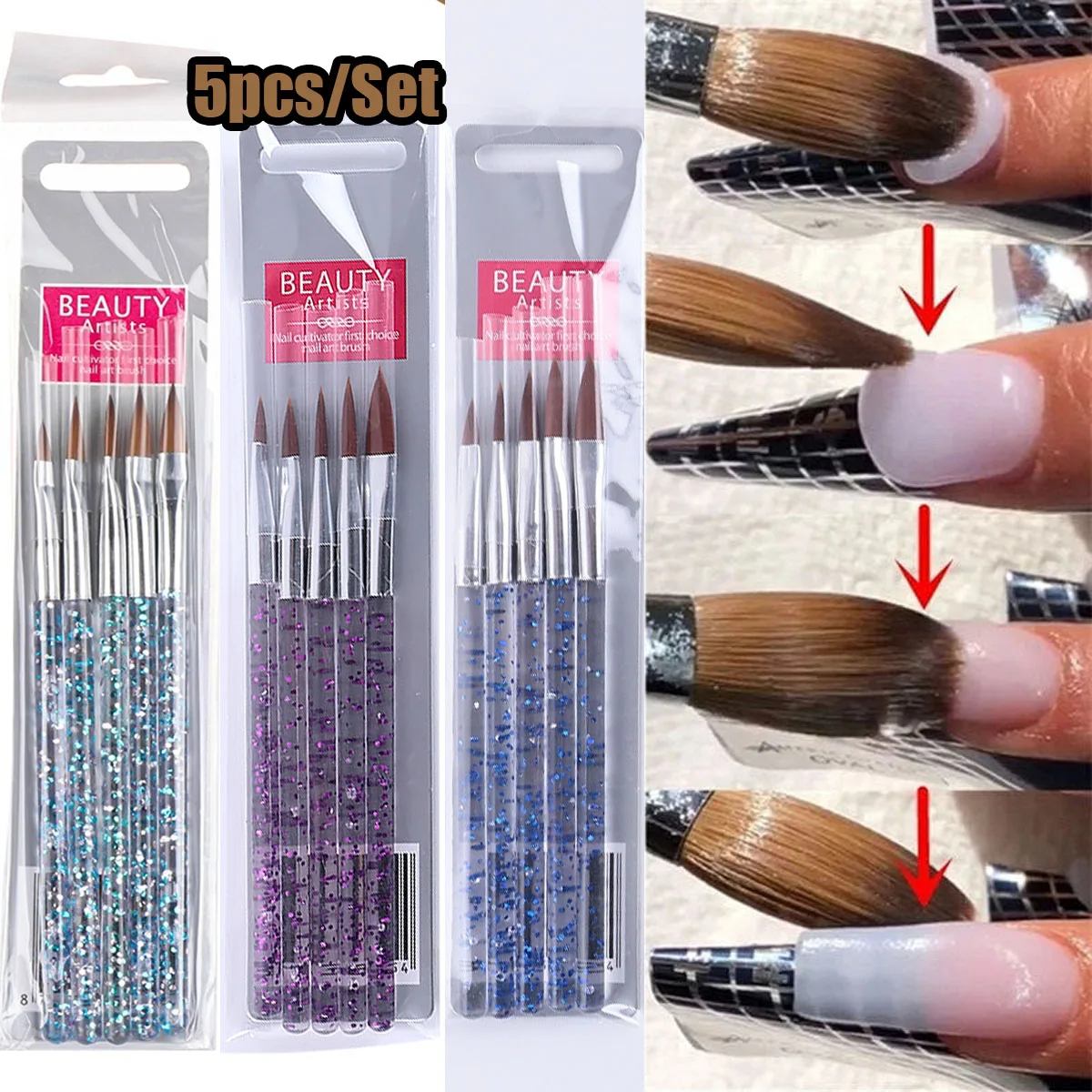 5 pz/set Glitter Maniglia Pennello per Nail Art per Pennello per Polvere Acrilica Polvere Liquida Acrilica Intagliare Pennello Gel Liner Disegno Penna Strumenti