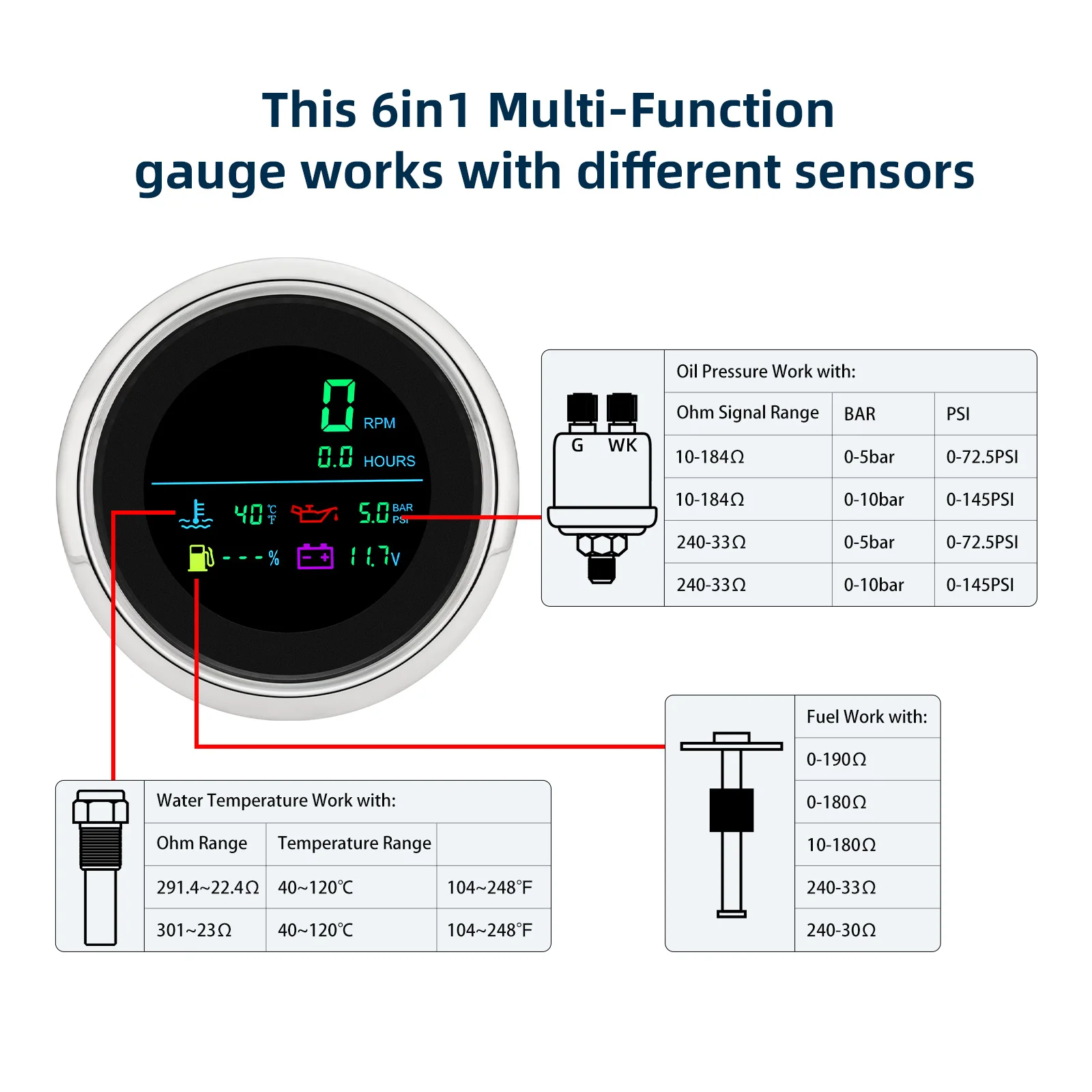 12V/24V 85mm 6 in 1 Multi-Function Gauge Tachometer Fuel Level Gauge Water Temp Meter Oil Pressure Voltage Hours Meter Car Boat