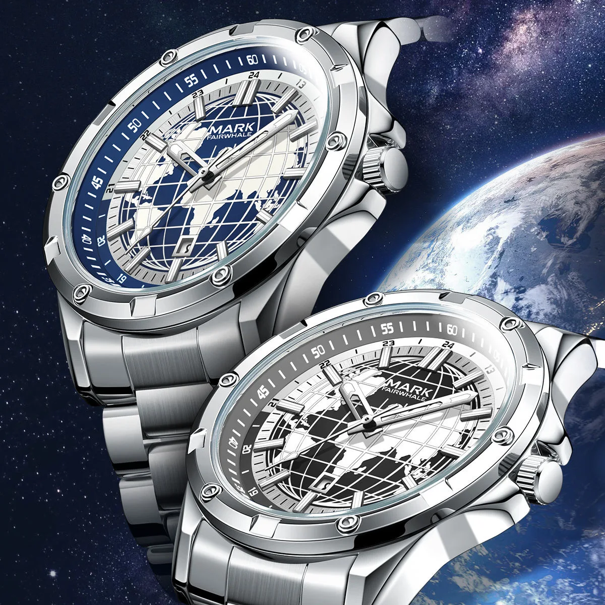 MARK FAIRWHALE 5130 Trendy Earth Watch Stainless Steel Luminous Calendar Quartz Watch for Men Waterproof Mens Watch Reloj Hombre