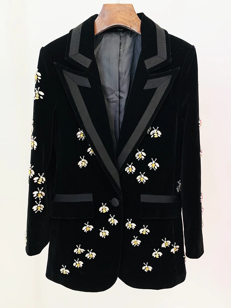 HIGH STREET Newest 2024 F/W Designer Jacket Women's Single Button Stunning Rhinestone Diamonds Beaded Bee Velvet Long Blazer