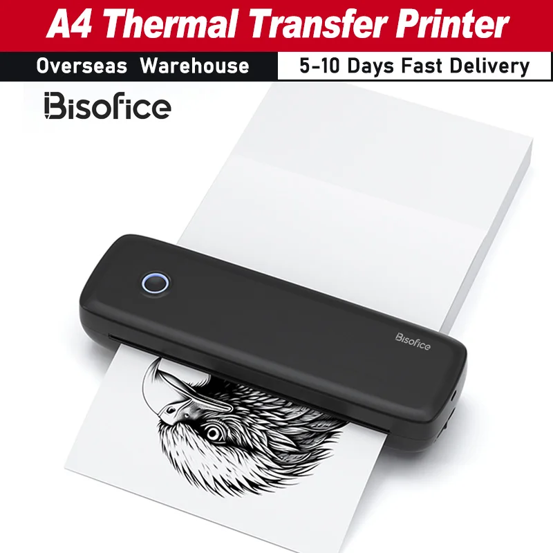 Bisofice A4 Thermal Transfer Printer Portable Wireless Printer USB Printer w/ 1pc Thermal Paper for Inkless Printing PDF File