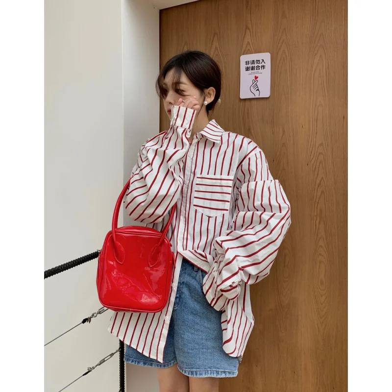 T Shirt For Women Black Shirt Red Personalized Summer Fashion Y2K Style Chic 2023 NEW Female Clothing Versatile Stripe Top